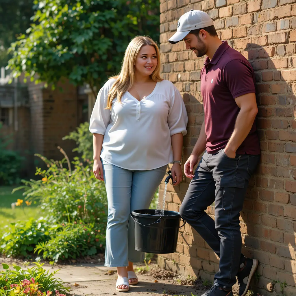 Woman chatting with gardener by brick wall in sunlight
