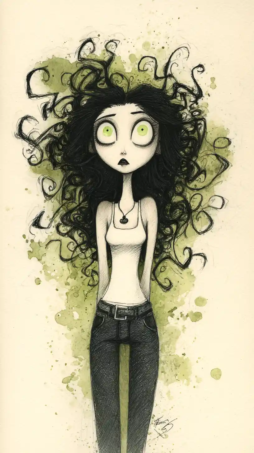 Retrato gótico de cuerpo completo de una mujer pálida con el cabello salvaje