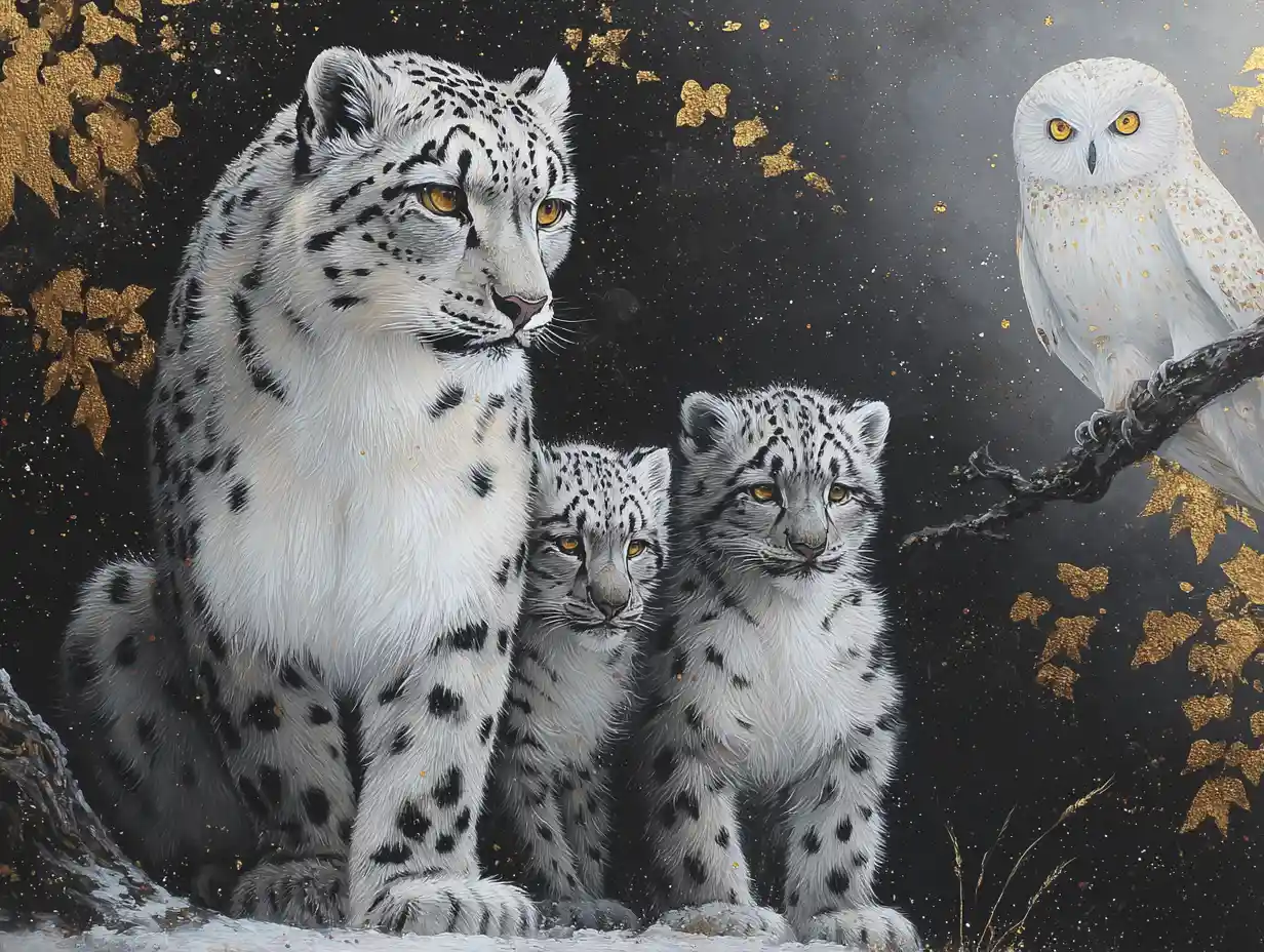 Snow leopard mother and cubs under a moonlit forest sky