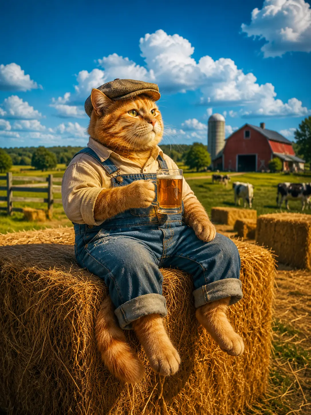 Cute farmer cat on haystack enjoying a beer at sunset