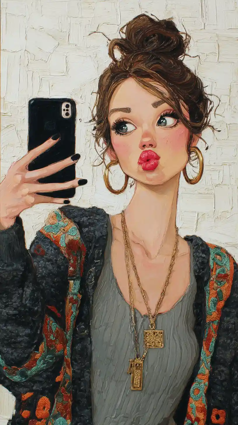Pop surreal girl taking a selfie with smartphone