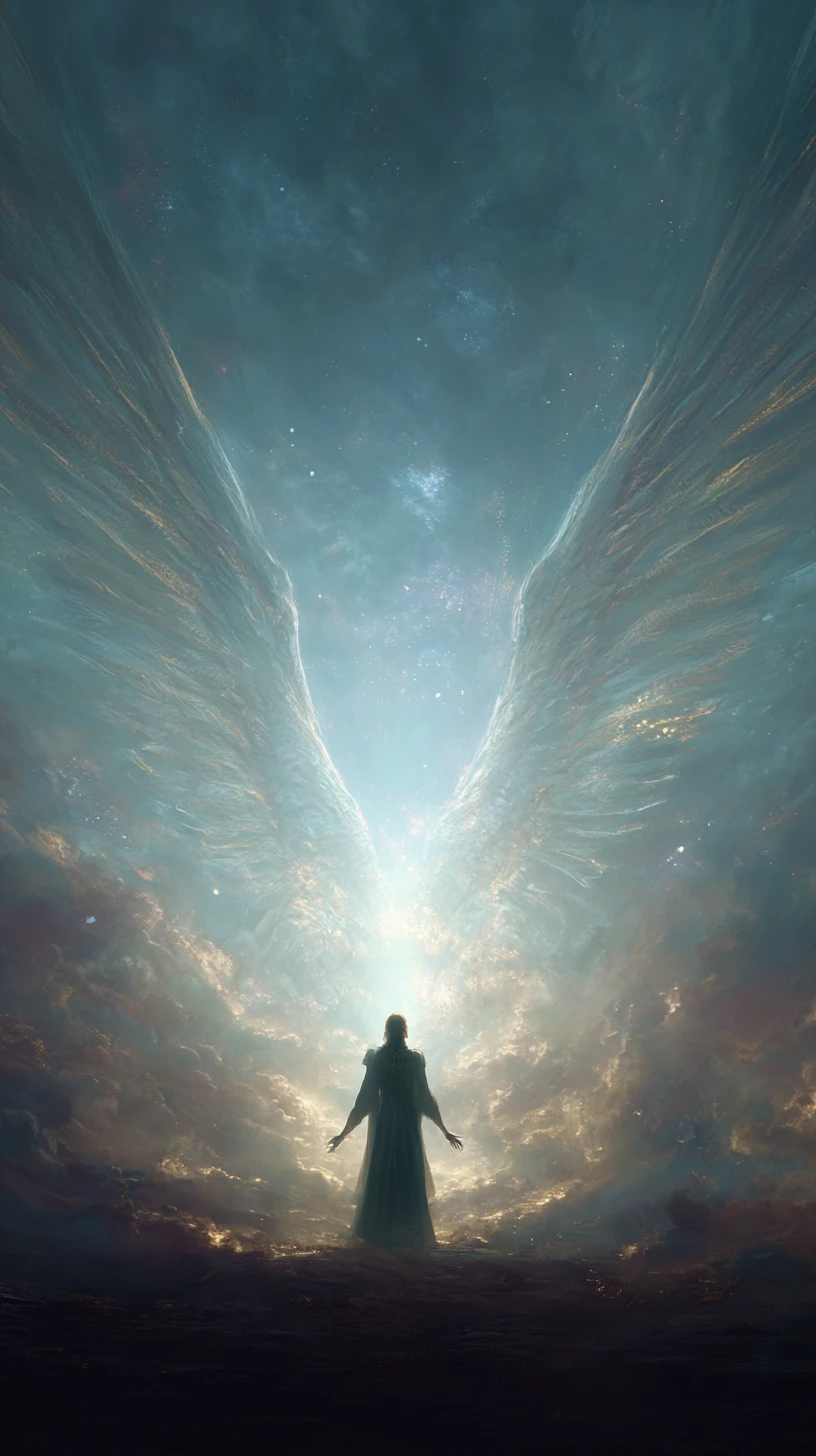 Hombre con alas de ángel mirando hacia arriba con serena esperanza