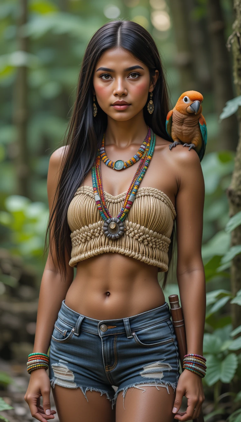 Amazonian woman standing confidently by a forest river