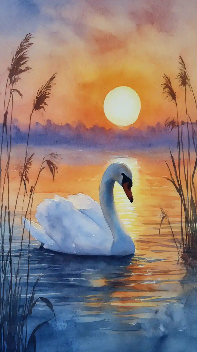 Cygne blanc sur un étang au coucher du soleil en aquarelle