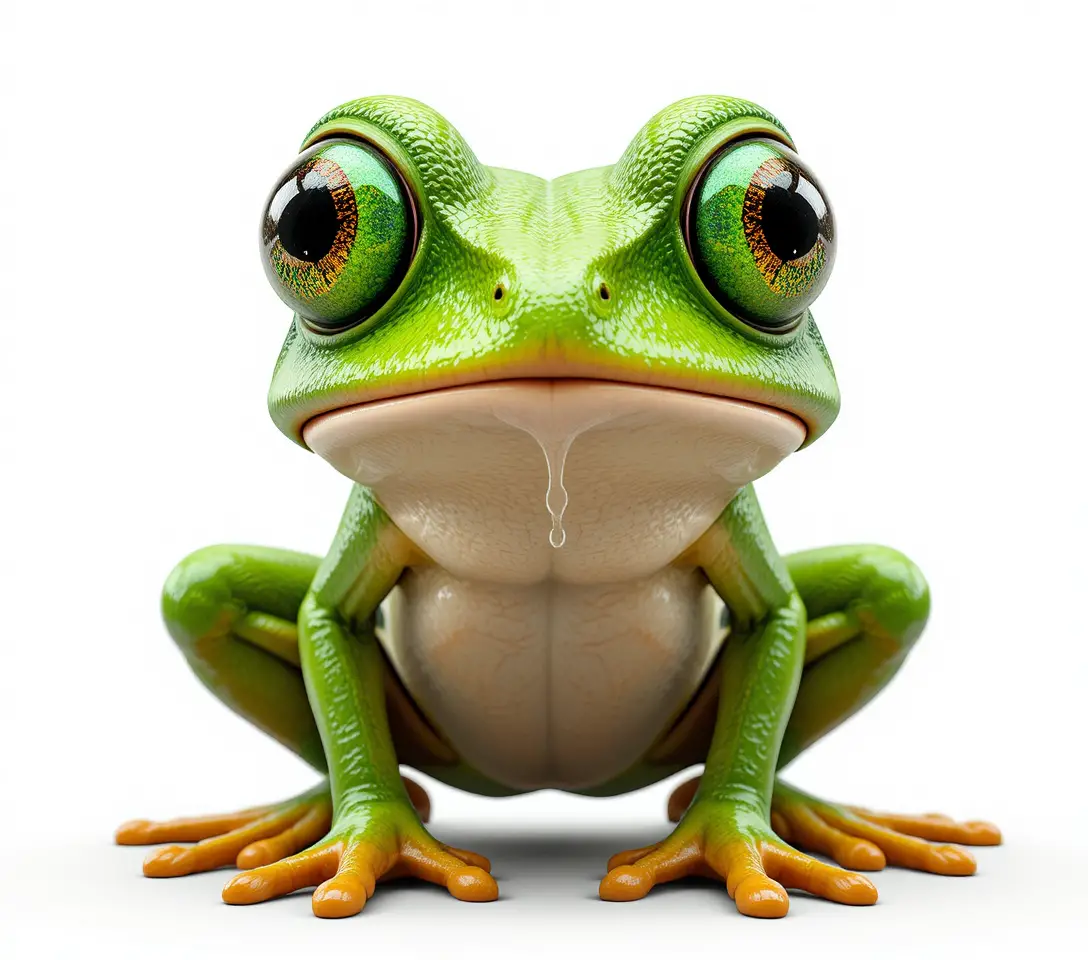 Sapo de desenho animado em close com olhos esbugalhados e ansiosos