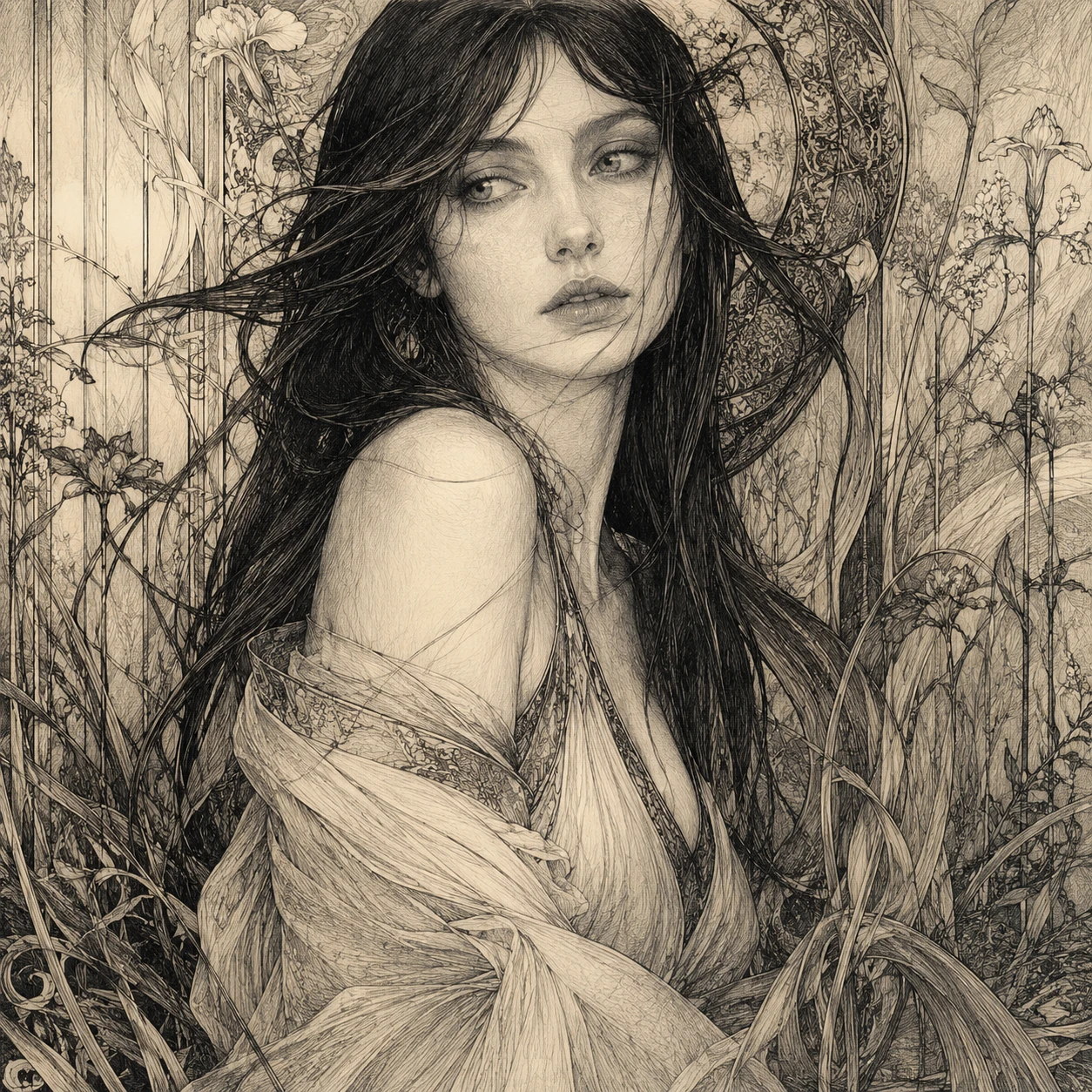 Pensive young woman portrait in refined figurative drawing