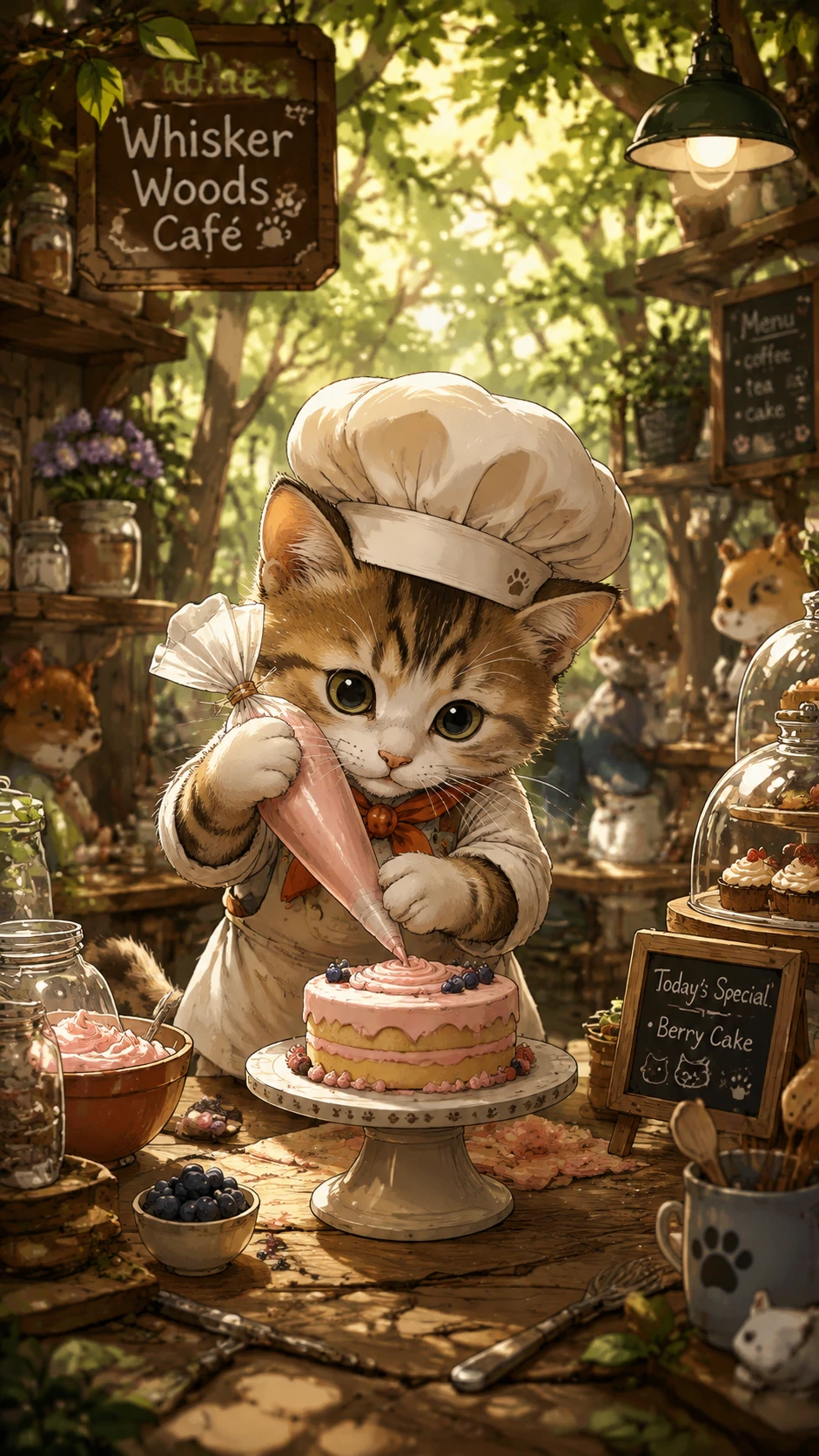 Tiny kitten baker frosting a cake in forest cafe