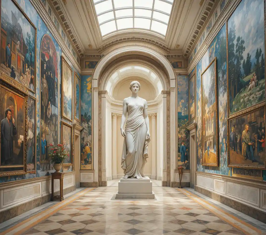 Marble goddess statue in a softly lit private art gallery