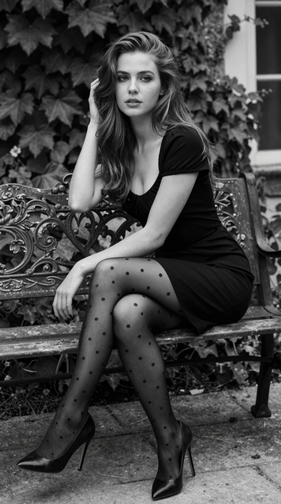 Elegante retrato en blanco y negro de una mujer joven en el jardín