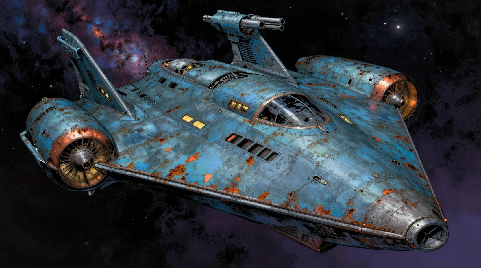 Nave espacial retrô futurista em estilo de história em quadrinhos cinematográfica