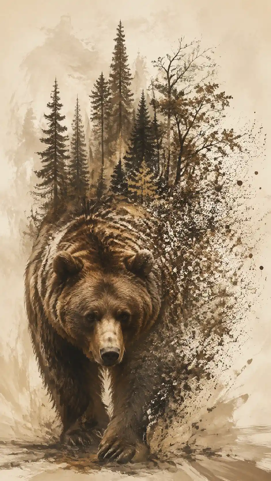 Oso pardo surreal que emerge en un campo marfil vacío