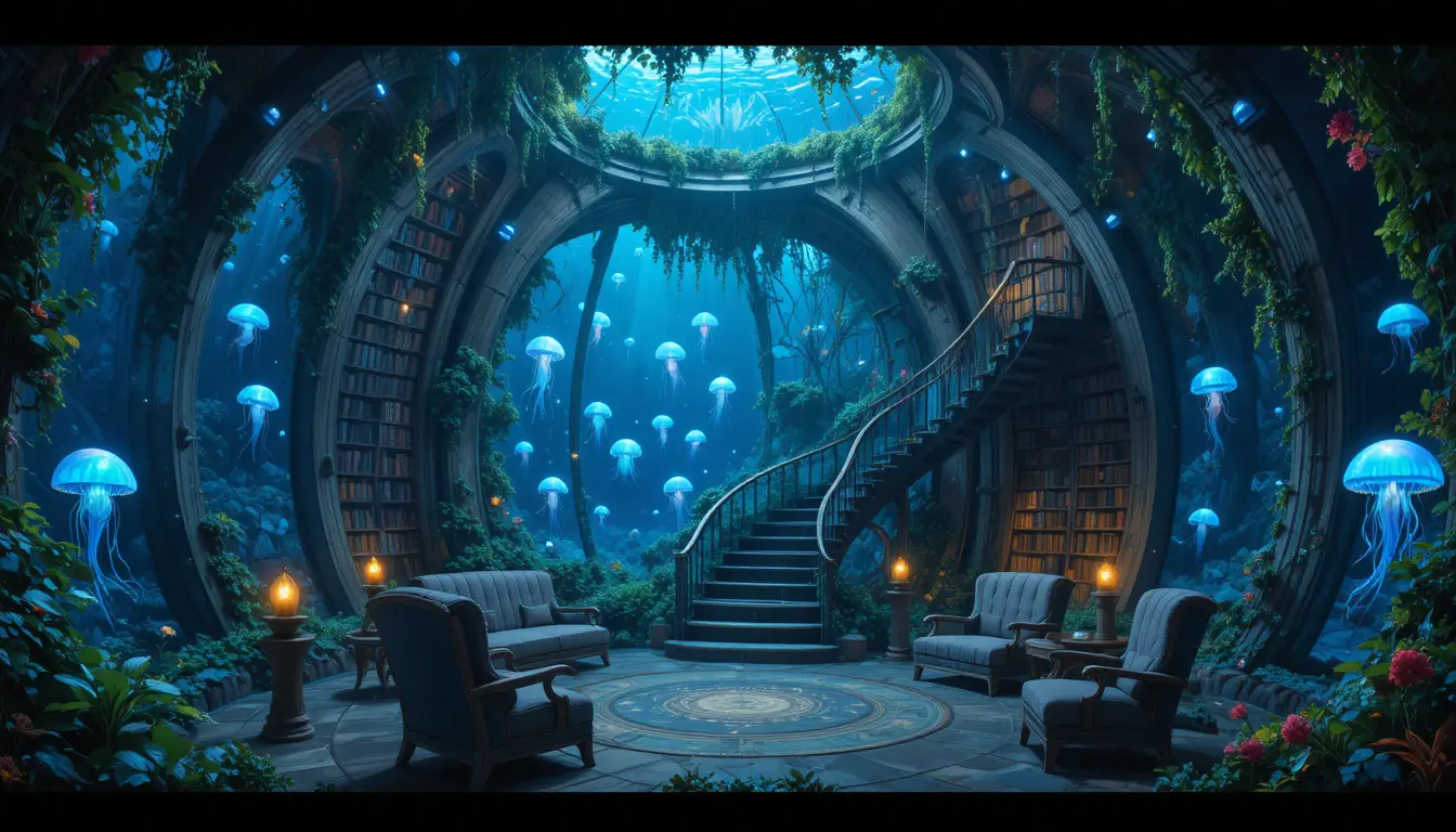 Underwater glass library sanctuary filled with books and light