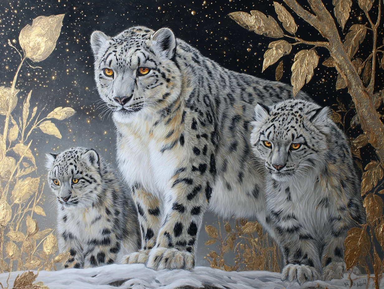 Madre de leopardo de las nieves y cachorros bajo un bosque dorado a la luz de la luna