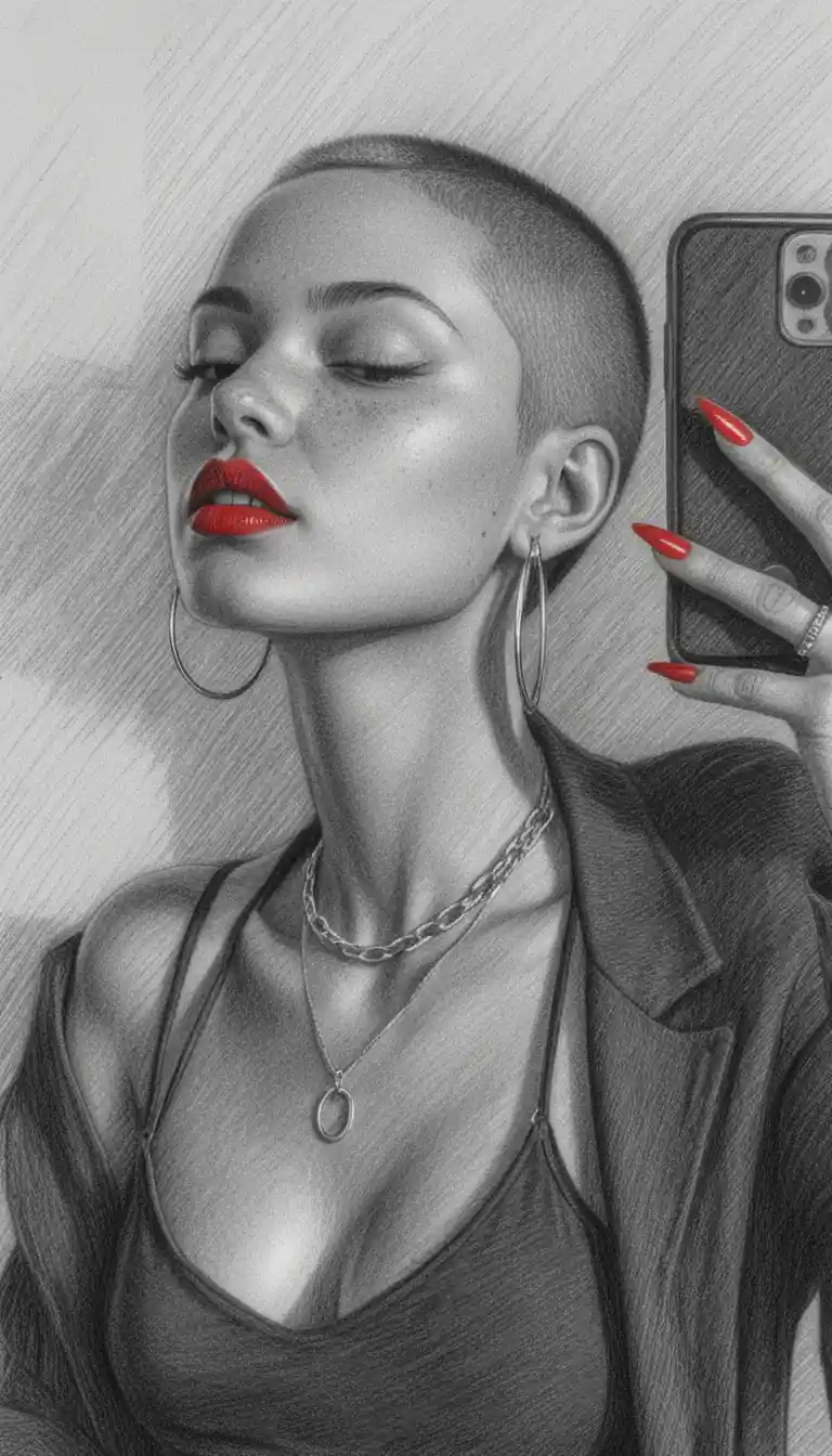Retrato en grafito de una mujer haciéndose un selfie en el espejo con confianza