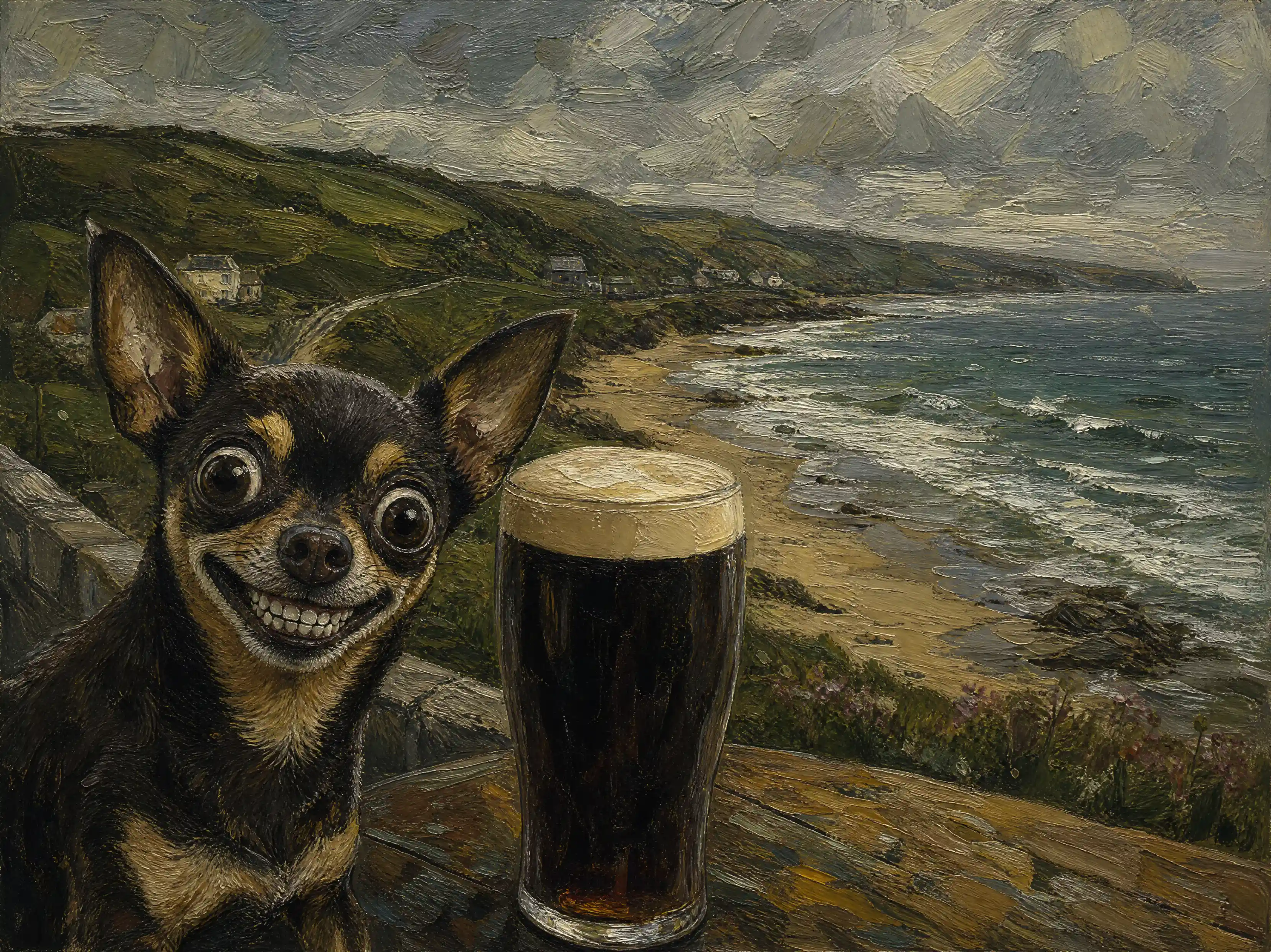 Cachorro expressionista com cerveja à beira-mar