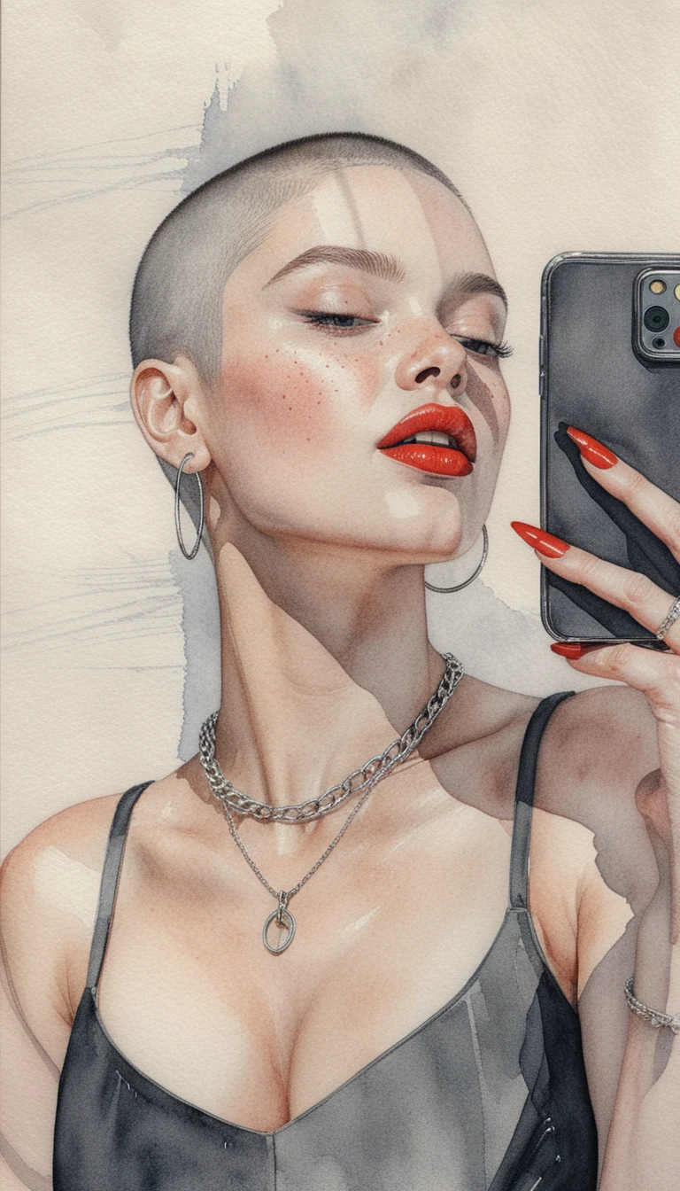 Mujer elegante haciéndose un selfie en el espejo con llamativo labial rojo
