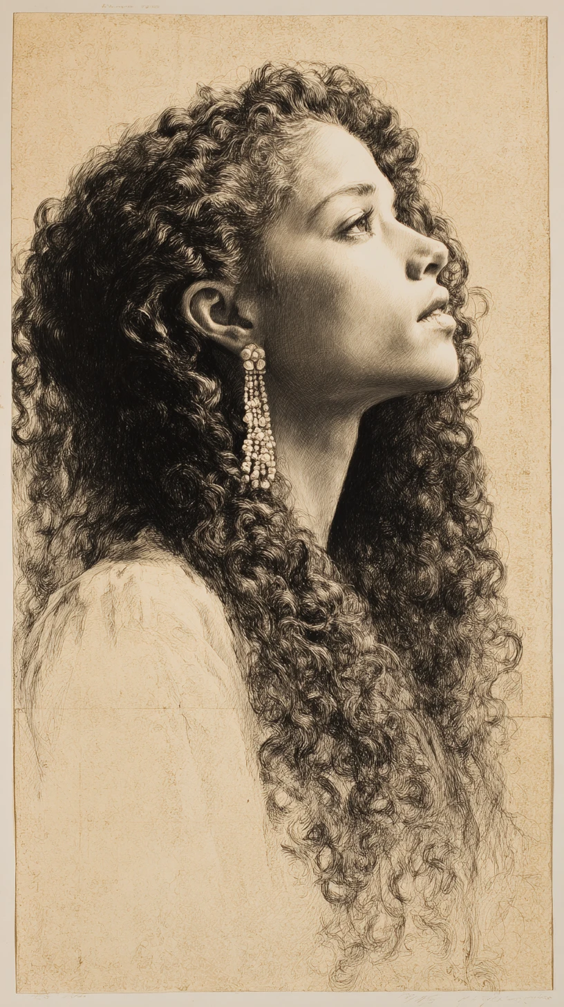 Retrato de perfil en carbón de una mujer contemplativa con rizos