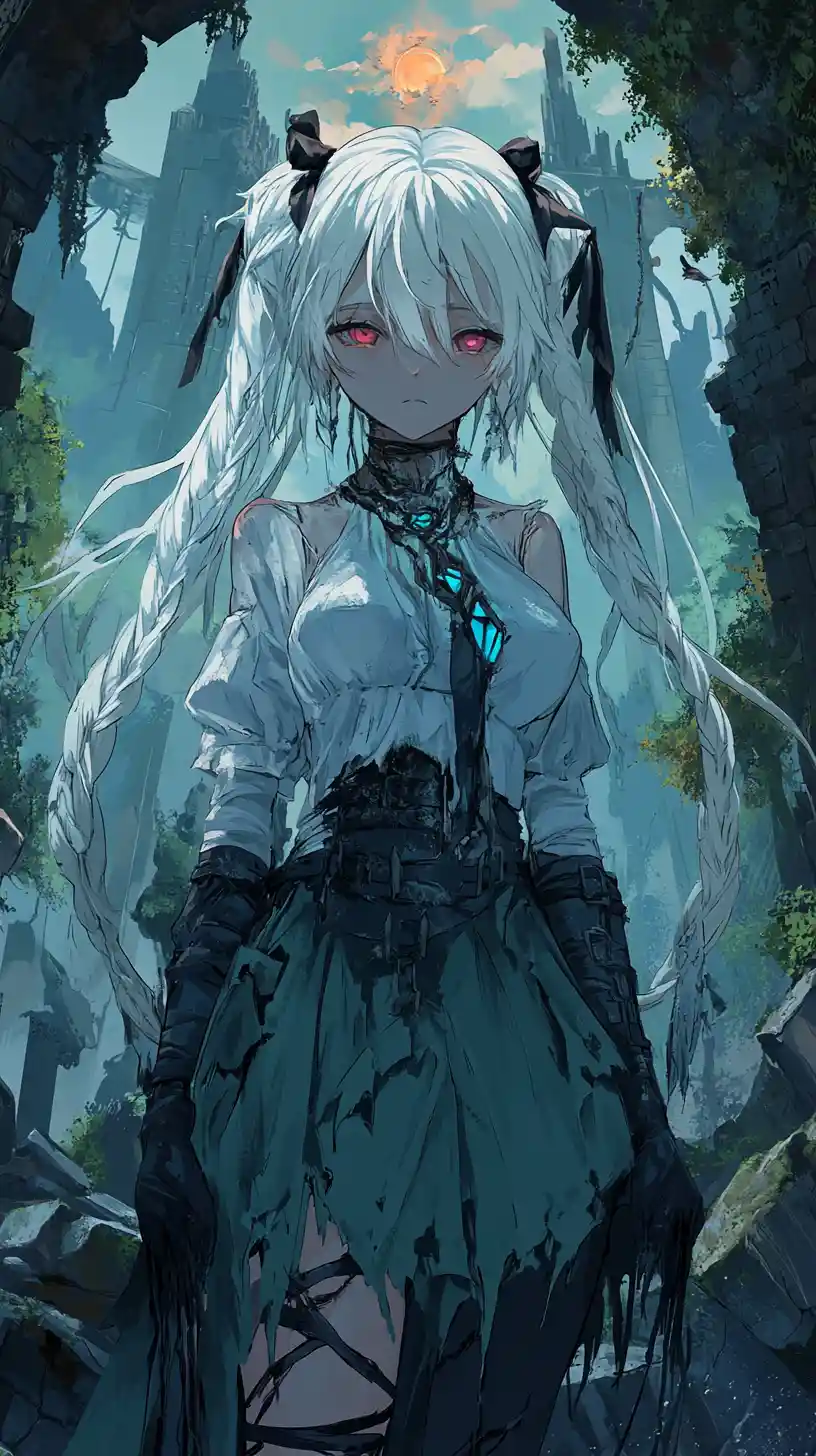 Garota de anime com trança branca e sorriso fantasmagórico