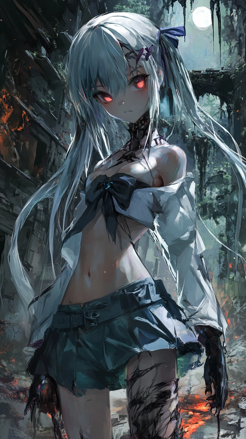 Chica de anime con ropa desgarrada, sonrisa fantasmal y trenzas