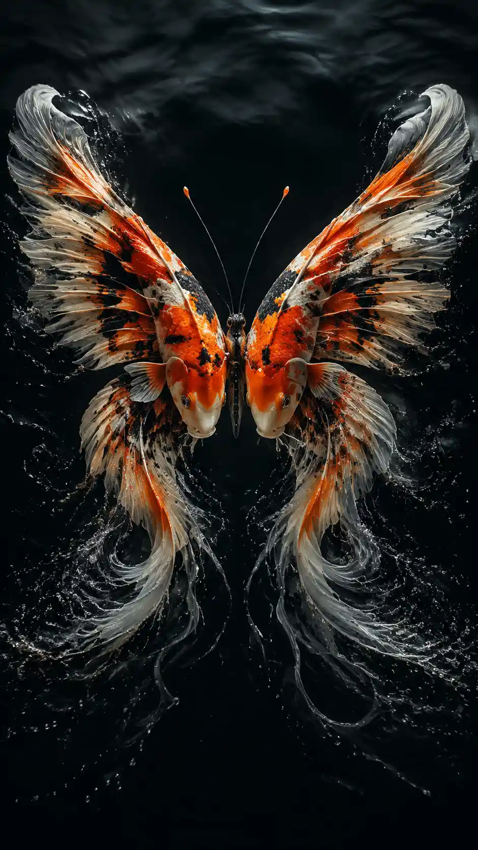 Mariposa surreal formada por peces koi sobre agua oscura