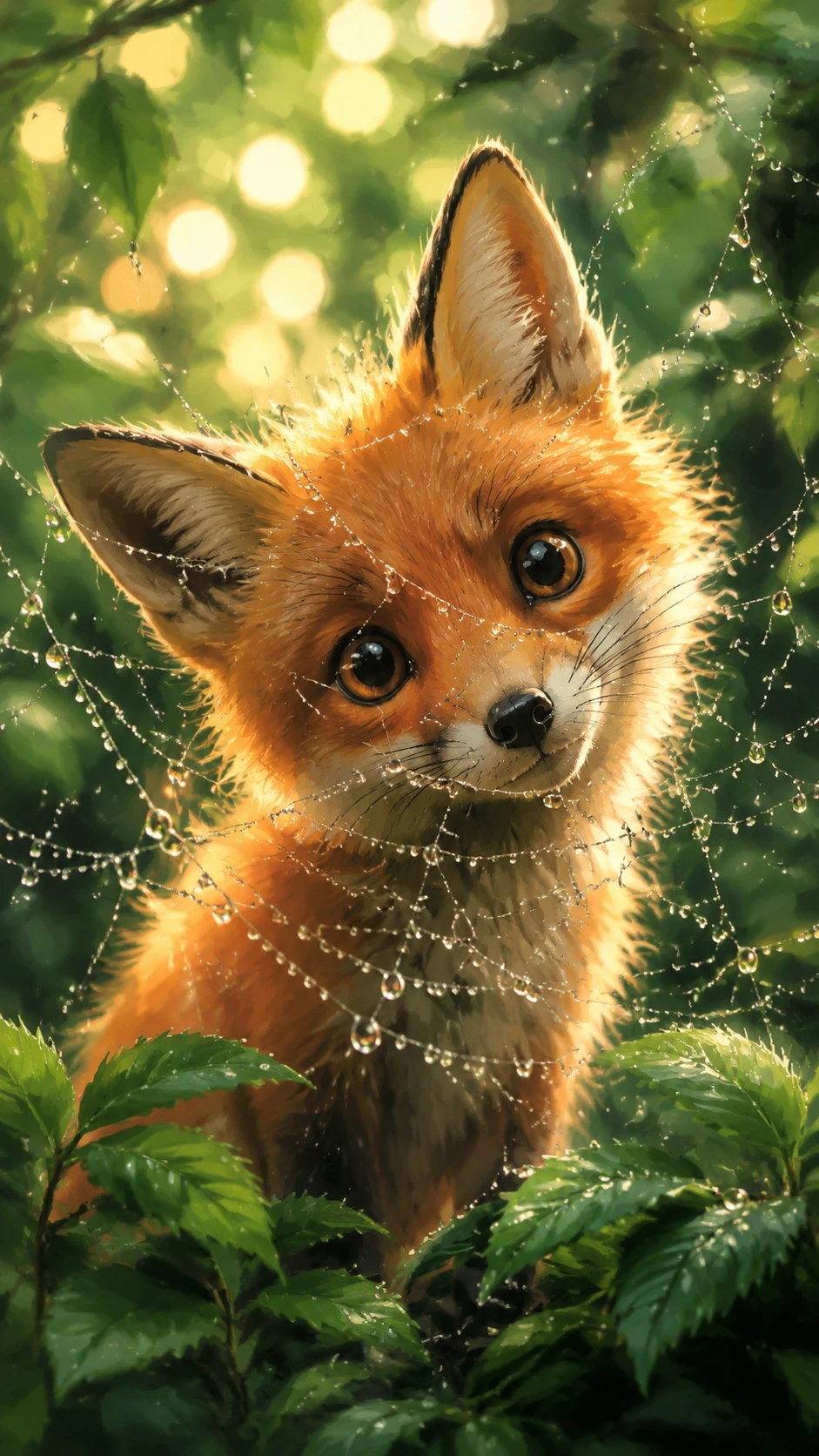 Bébé renard curieux derrière une toile perlée de rosée dans une forêt verte
