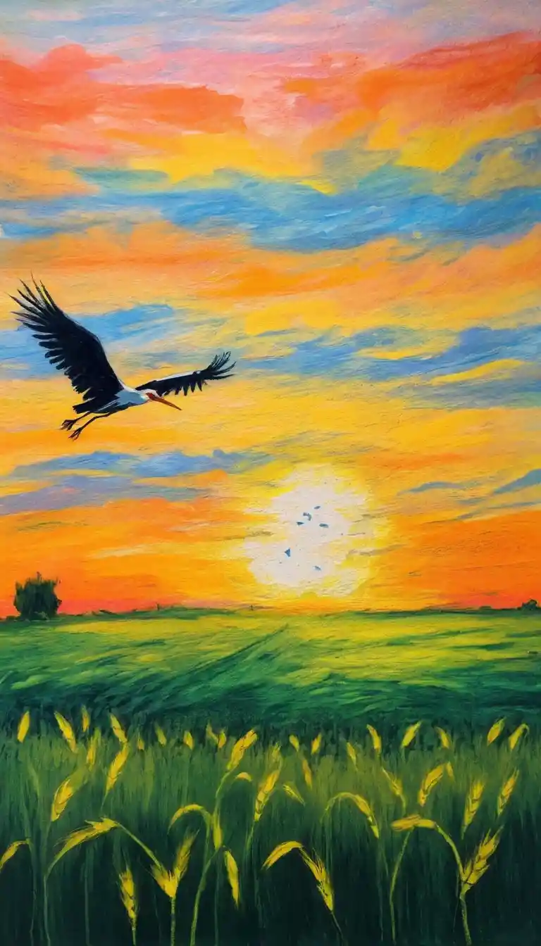 Stork Silhouette Over Wheat Field At Glowing Sunset