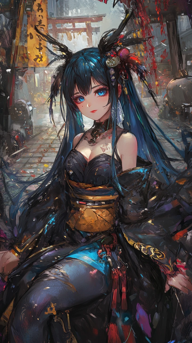 Chica de anime de cabello azul con atuendo futurista sentada en interiores