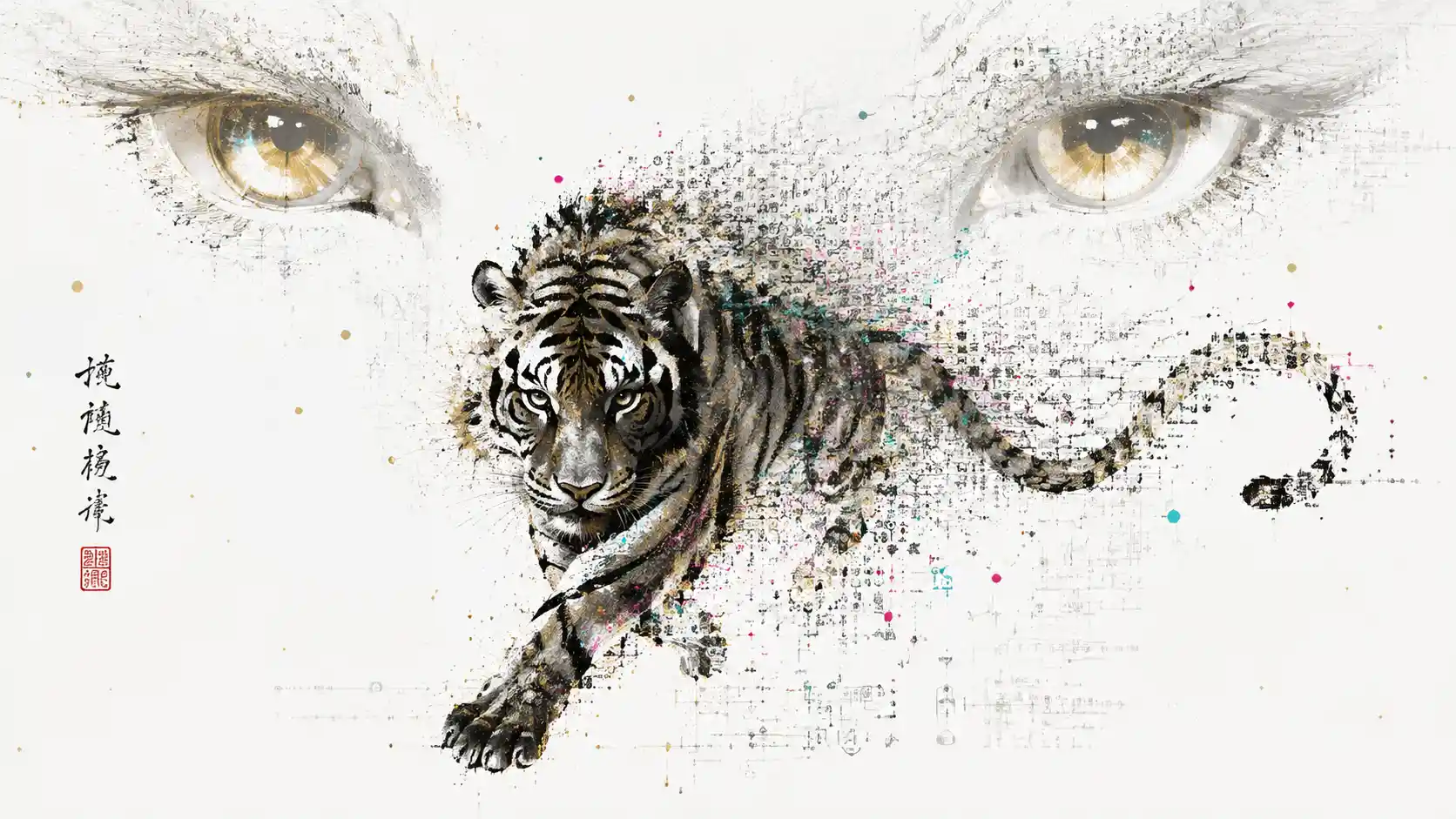 Tigre inspirado em sumi-e se dissolvendo em símbolos analíticos