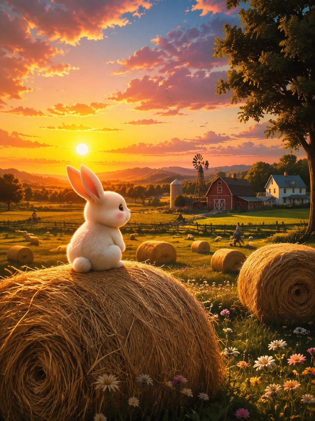 Conejito tierno sobre un fardo de heno mirando un colorido atardecer en la granja