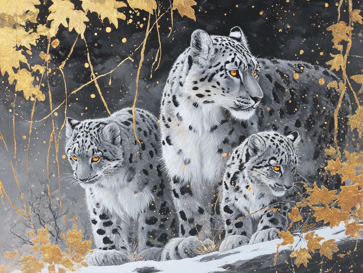 Snow leopard mother and cubs on moonlit snowy ground