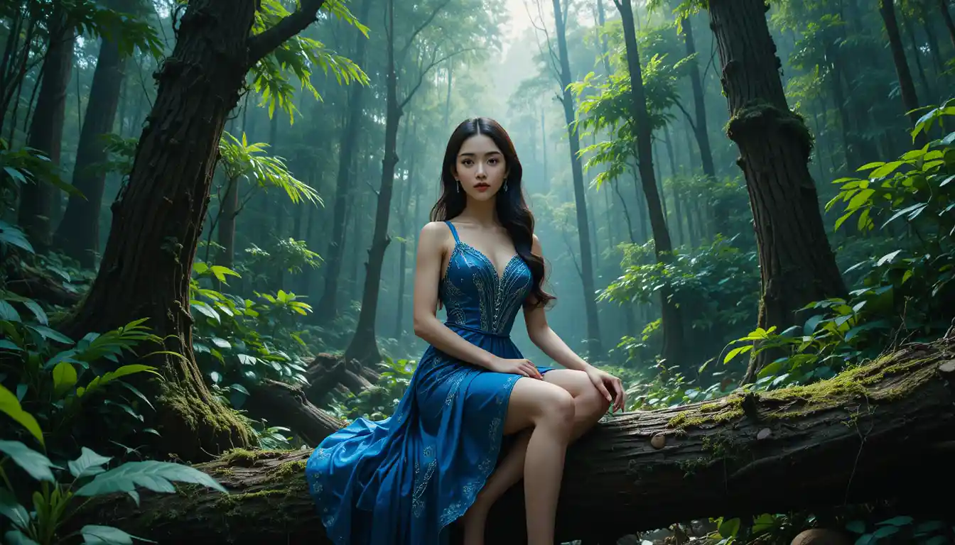 Joven mujer con vestido azul sentada sobre un tronco cubierto de musgo