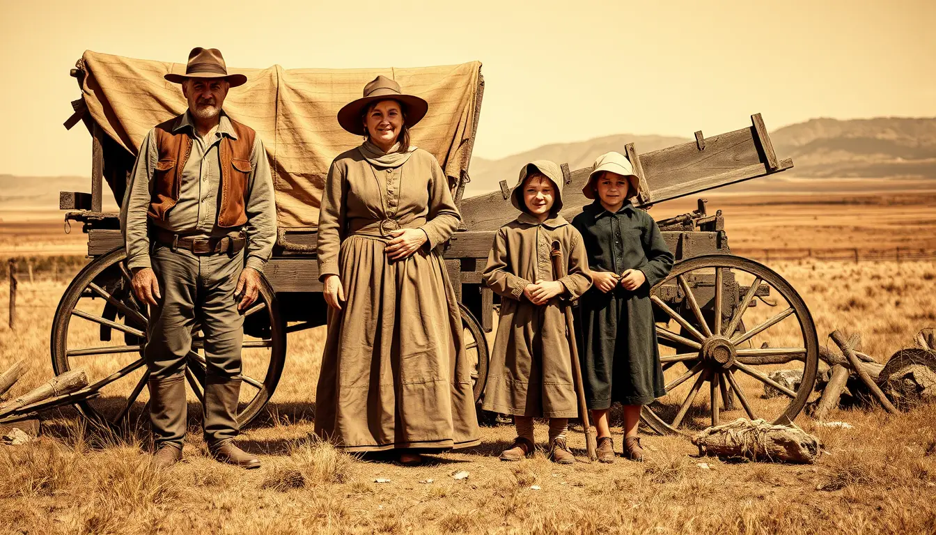 Pioneer family posing beside wooden wagon on open prairie