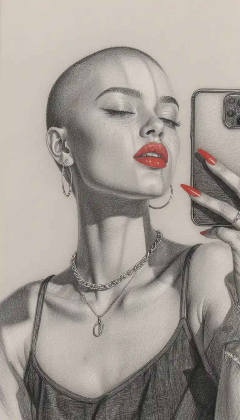 Ritratto in grafite di una donna stilosa che si scatta un tranquillo selfie allo specchio