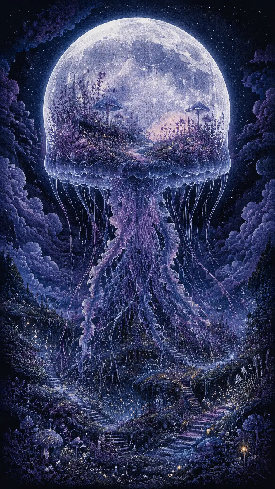 Gigantesca água-viva ao luar com um jardim encantado em seu interior