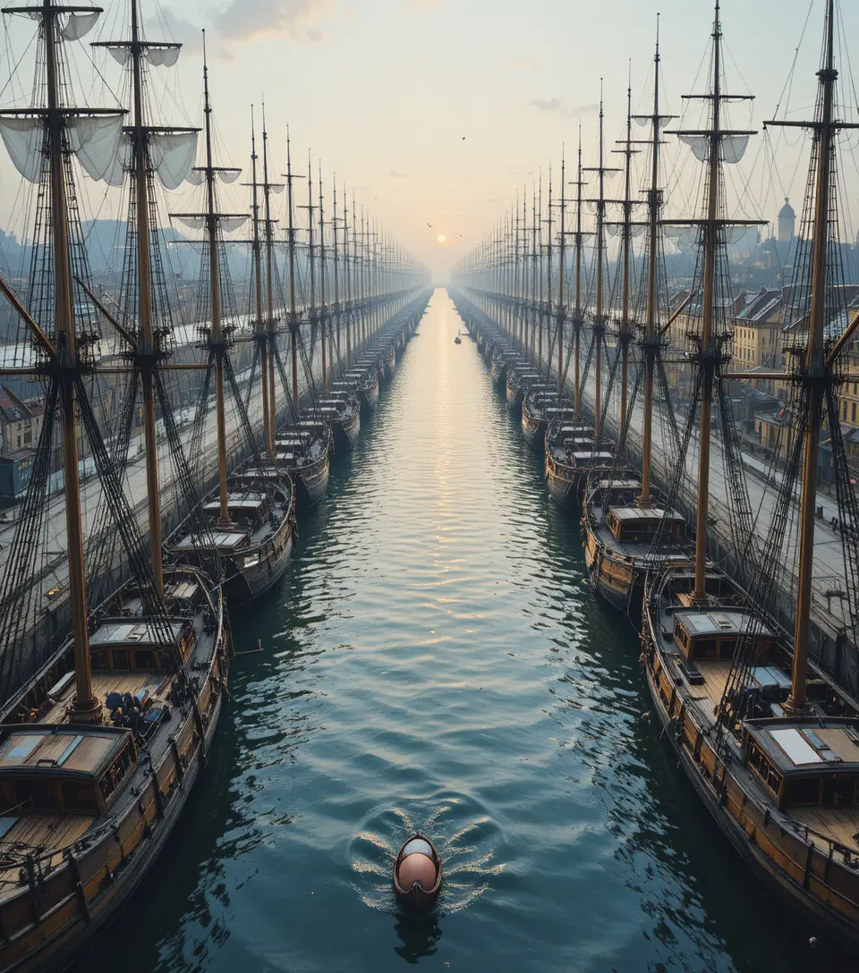 Panoramic view of wooden sailing boats in a calm harbor