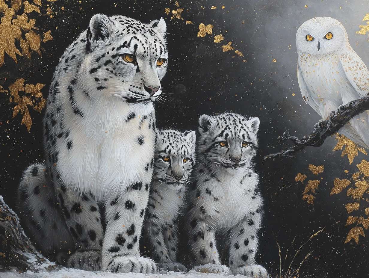 Madre de leopardo de las nieves y cachorros bajo un cielo boscoso iluminado por la luna