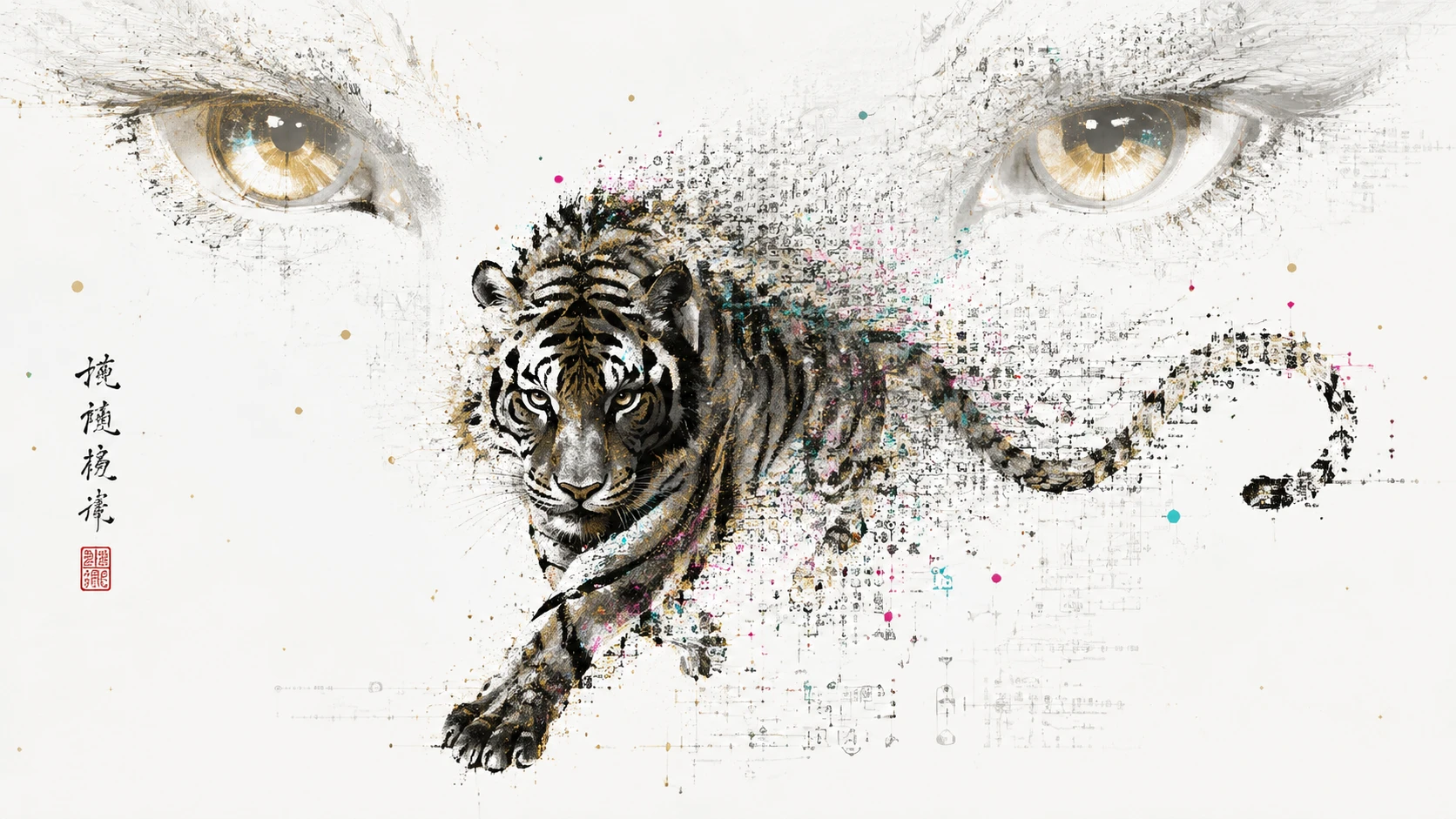 Tigre inspirado em sumi-e se dissolvendo em símbolos analíticos