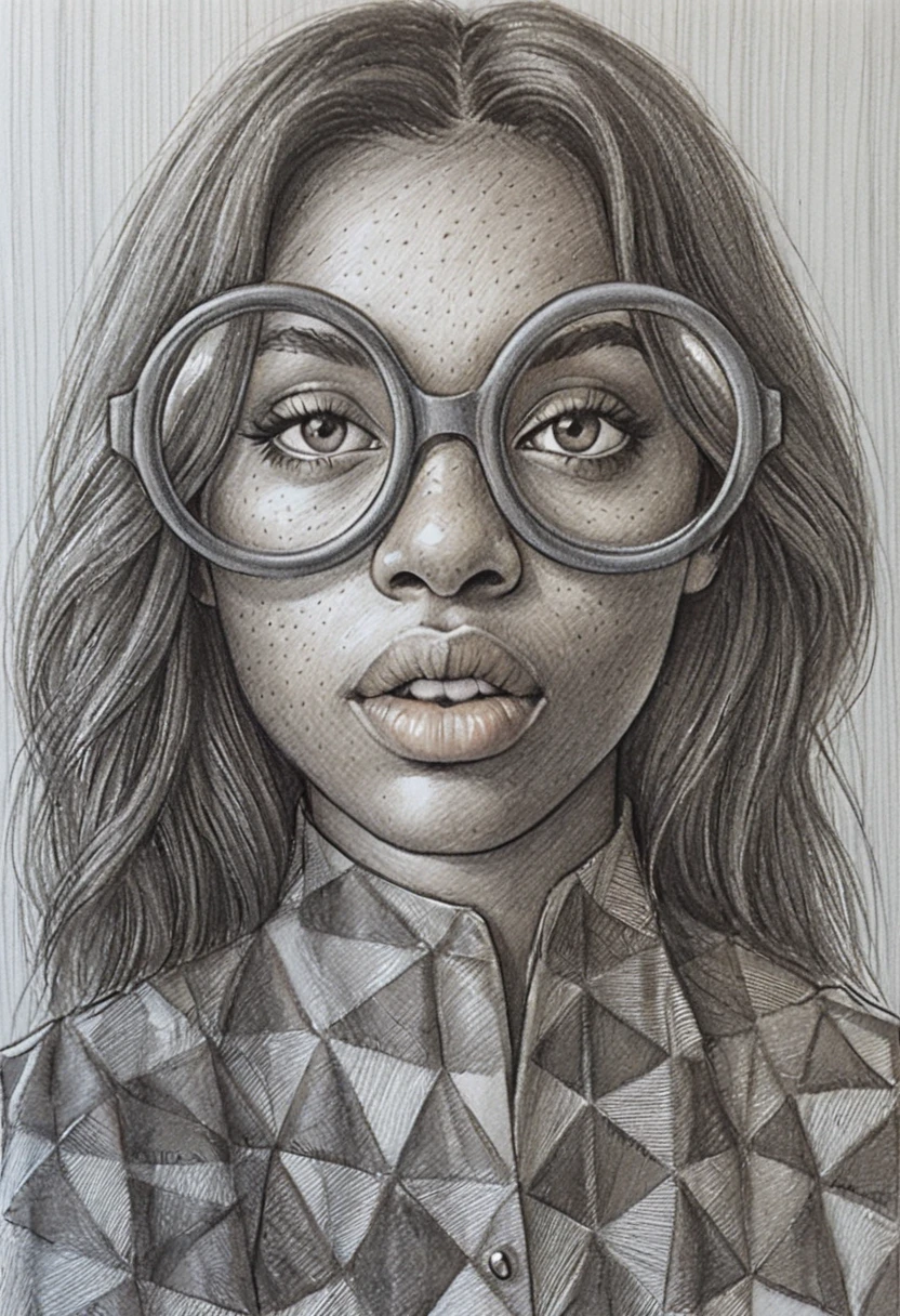Retrato en grafito de una chica con grandes gafas redondas