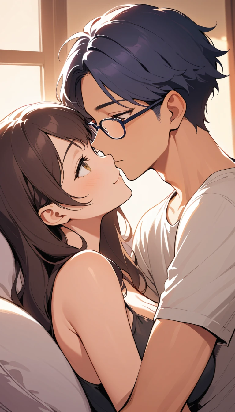 Chica coreana con gafas compartiendo un tierno beso en interiores