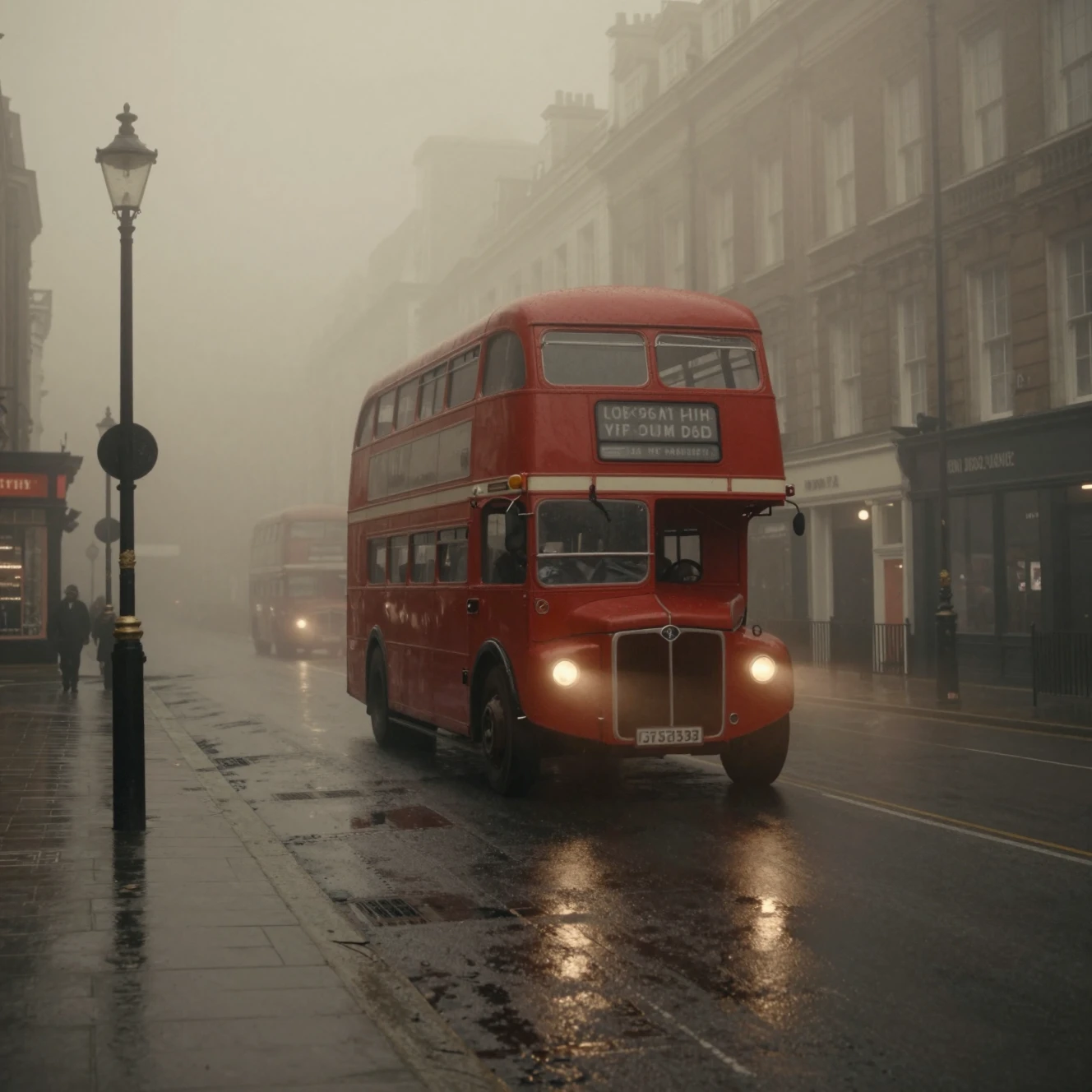 Ônibus de dois andares em uma noite enevoada em Londres
