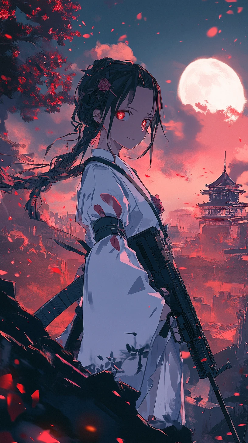 Chica de anime apuntando un rifle en una zona de guerra en llamas