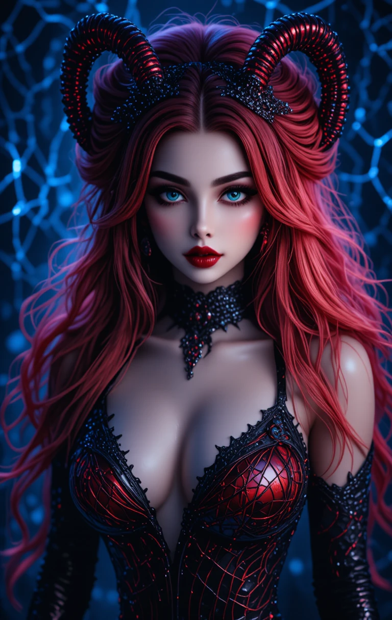 Mujer gótica con cuernos, cabello rojo y telarañas azules brillantes