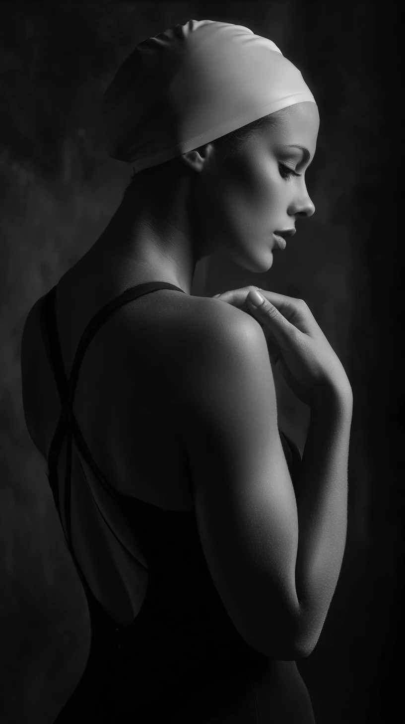 Black and white studio profile of focused female swimmer