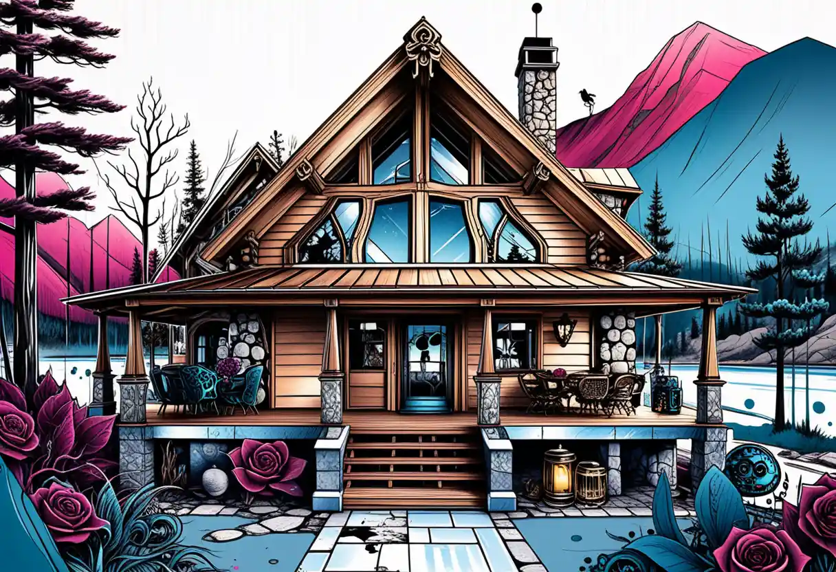 Cabana de montanha rústica de luxo com aconchegante design isométrico