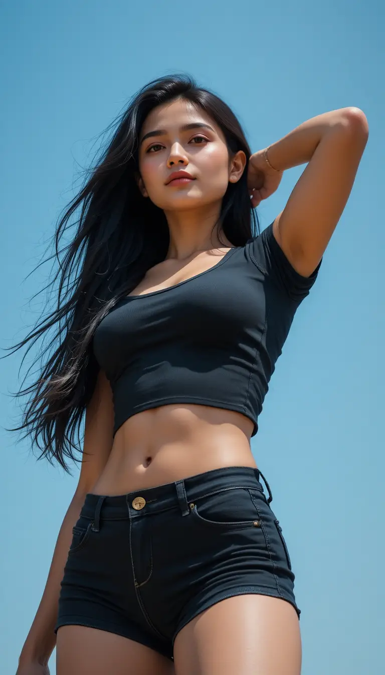 Athletic bengali woman in black crop top under blue sky