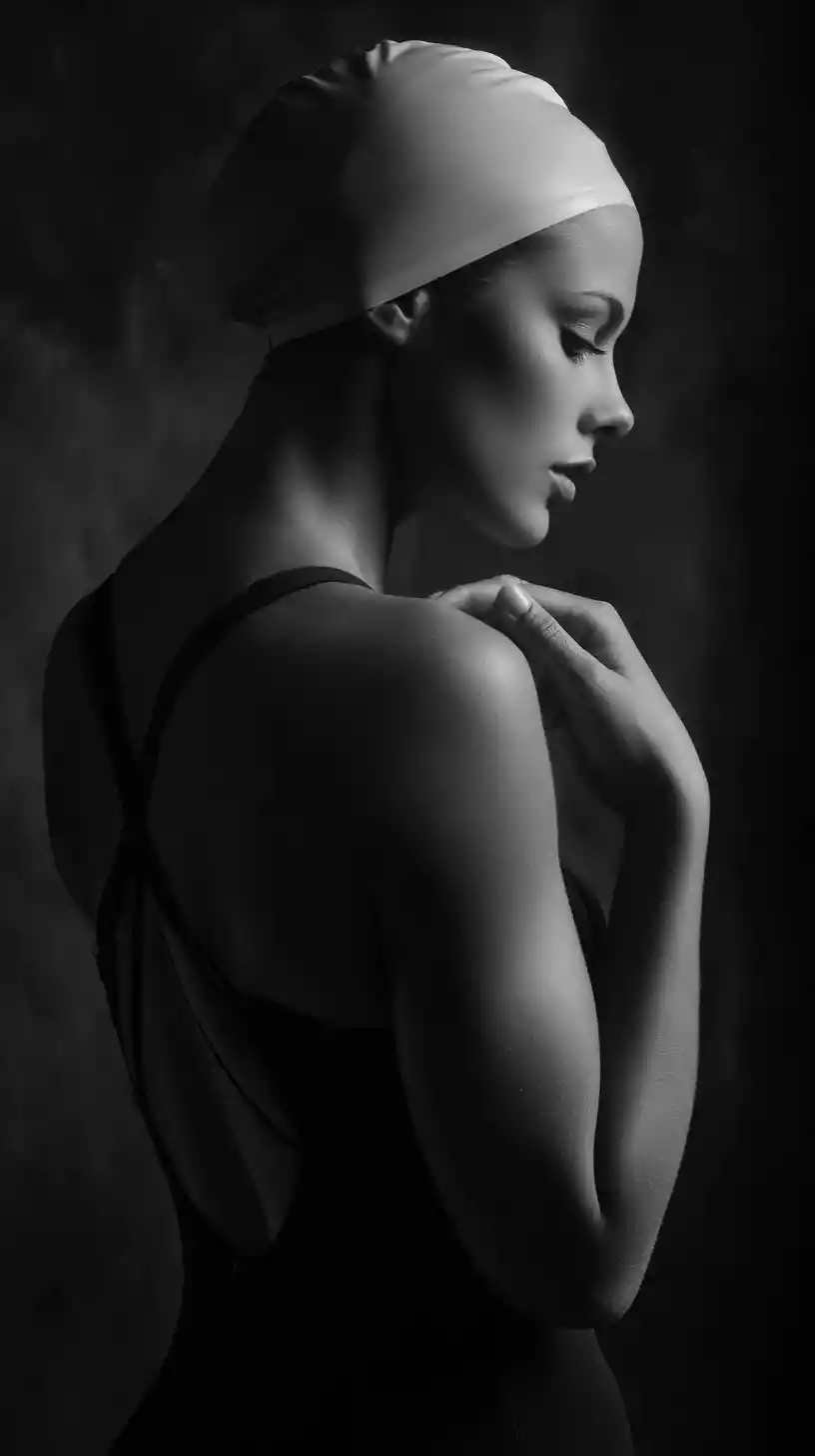 Black and white studio profile of focused female swimmer
