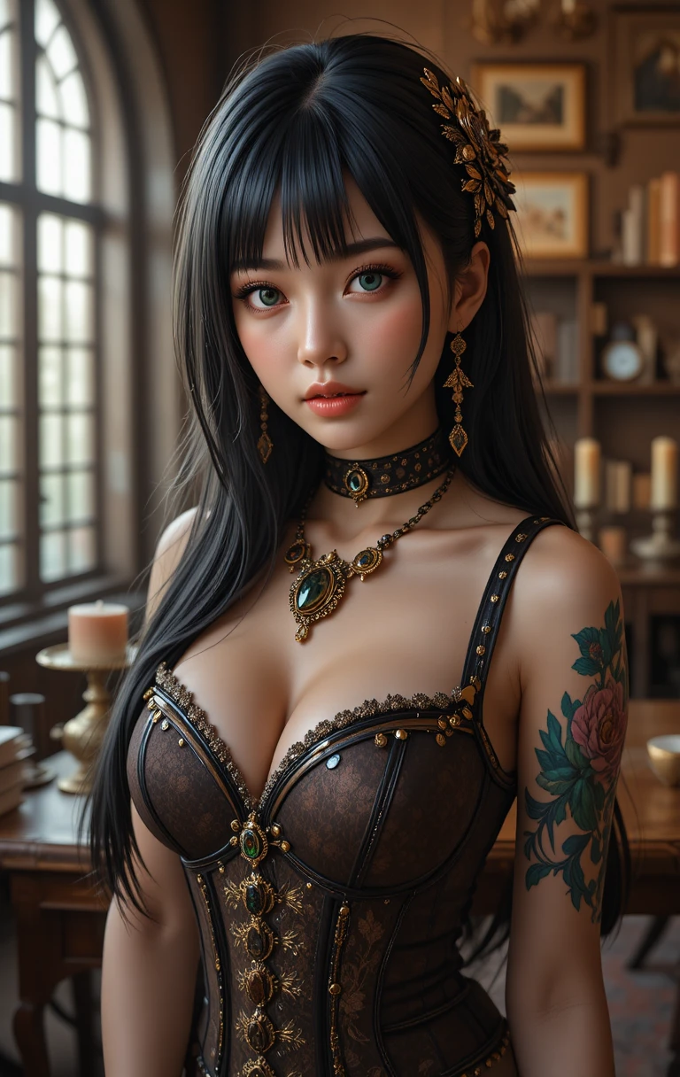 Fesselndes Anime-Porträt einer Frau mit Steampunk-Schmuck