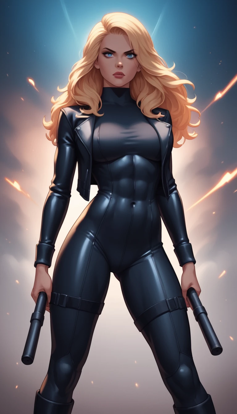 Selbstbewusste Anime-Heldin im blauen Bodysuit in kraftvoller Pose