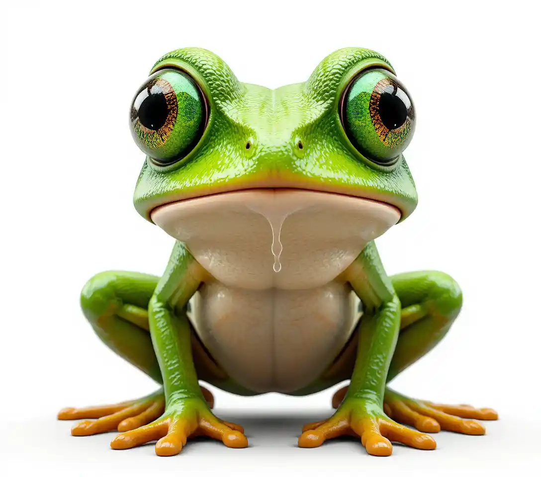 Sapo de desenho animado em close com olhos esbugalhados e ansiosos
