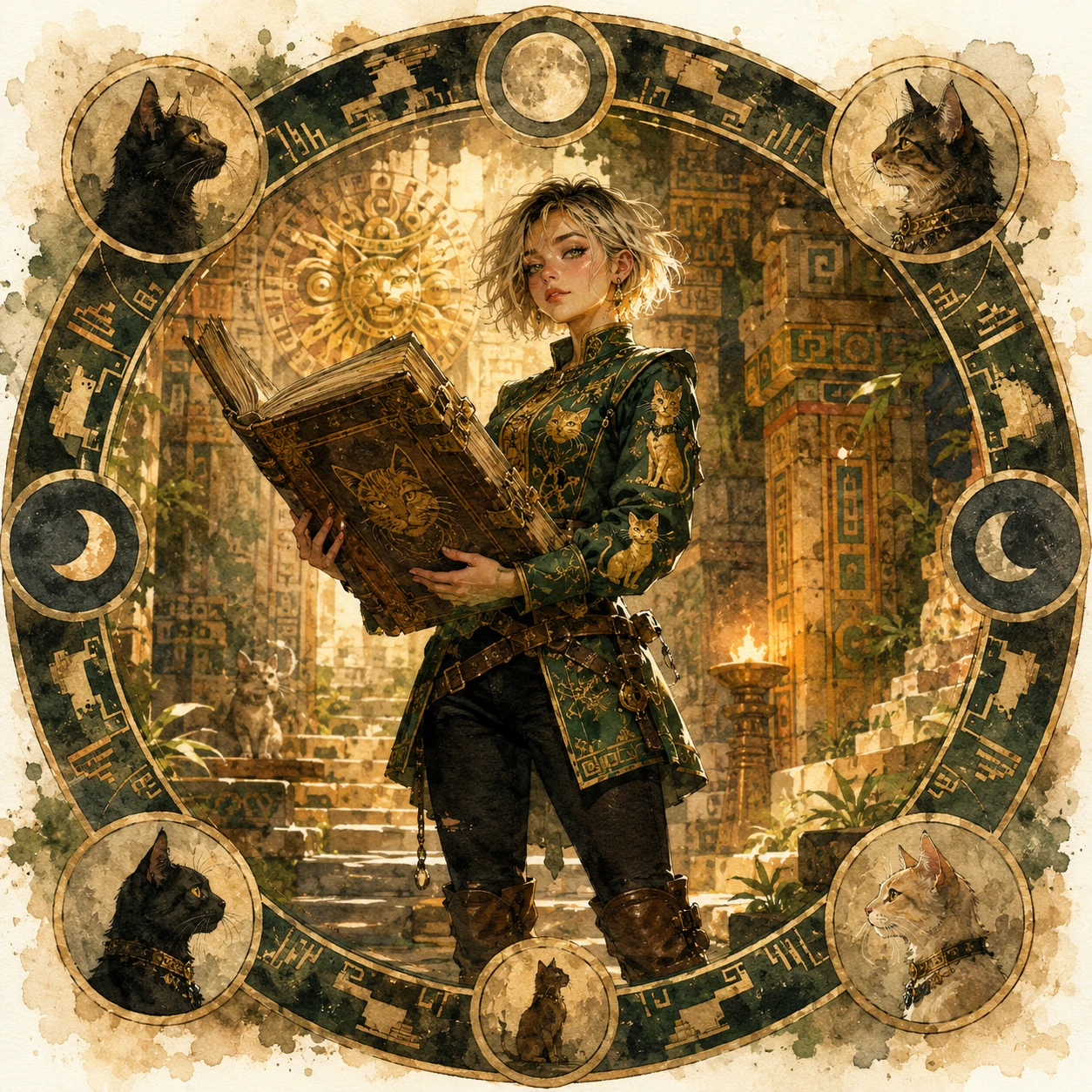 Joven con libro de hechizos y jubón verde bordado